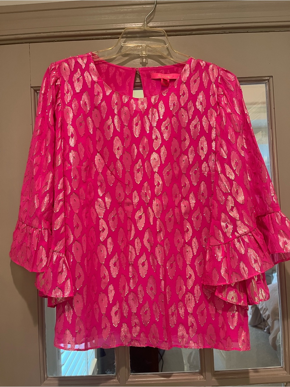 Lilly Pulitzer Hot Pink Metallic Pattern Ruffle-Sleeve Blouse